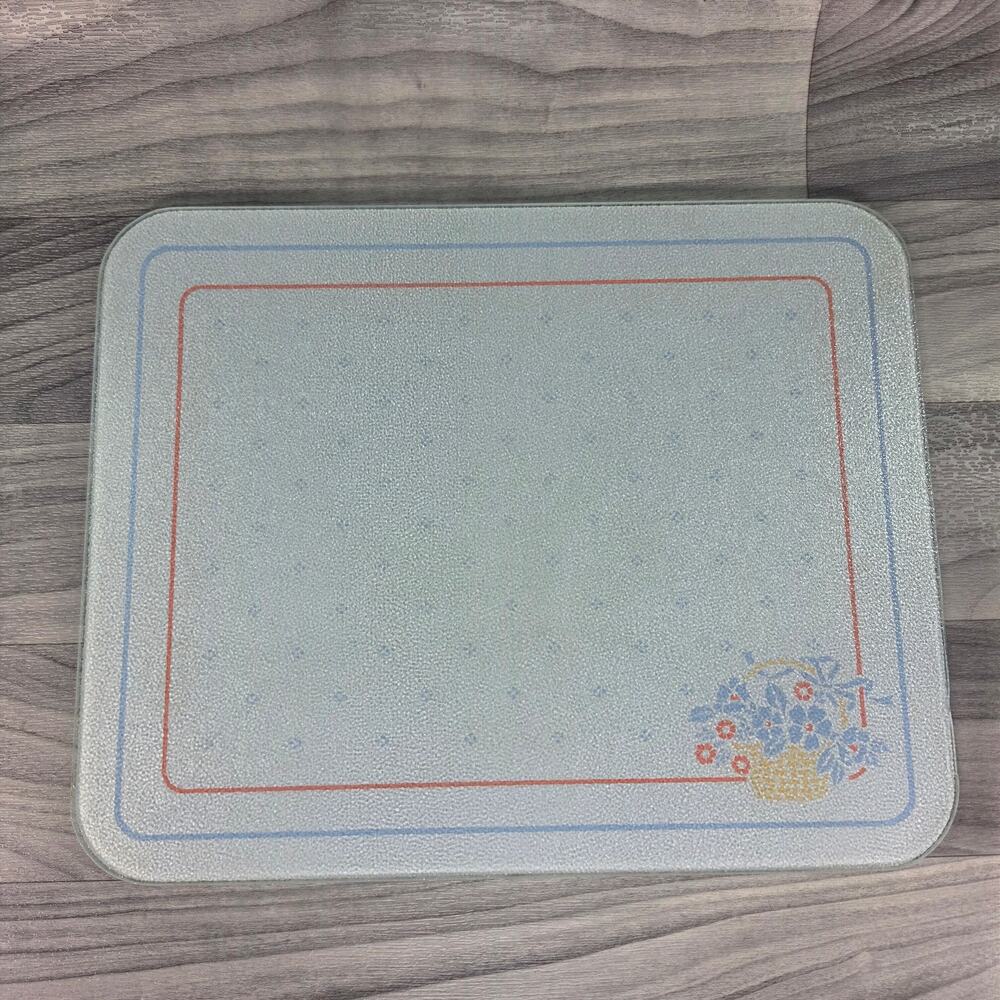 Vintage Corning Counter Saver Glass Cutting Board Basket Floral Blue Pink 12x15